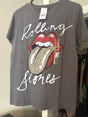 the Rolling Stones Gray Graphic Tee with Red Leopard Tongue